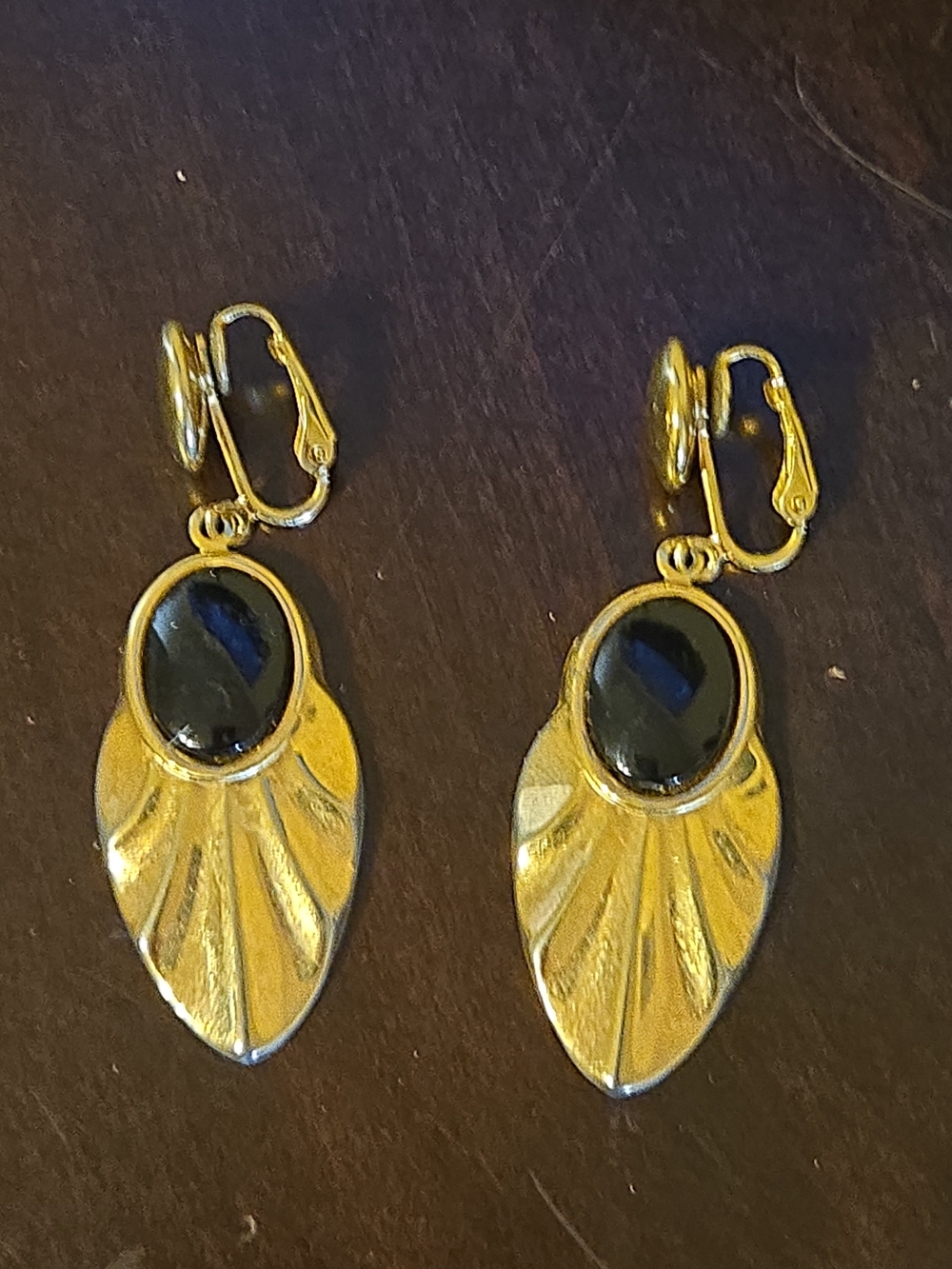 Gold Tone Drop Earrings with Black Stone Accent